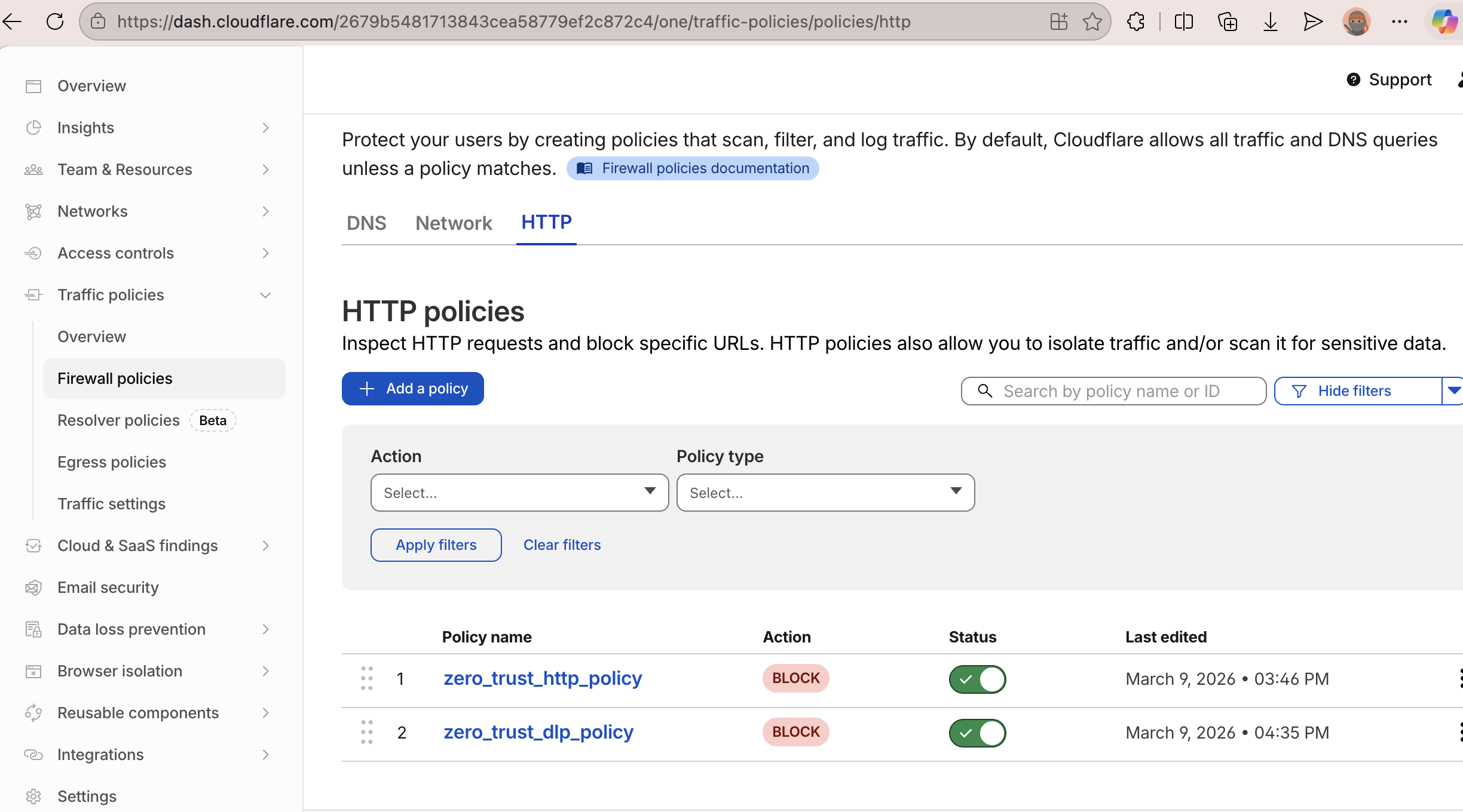 HTTP policy configuration