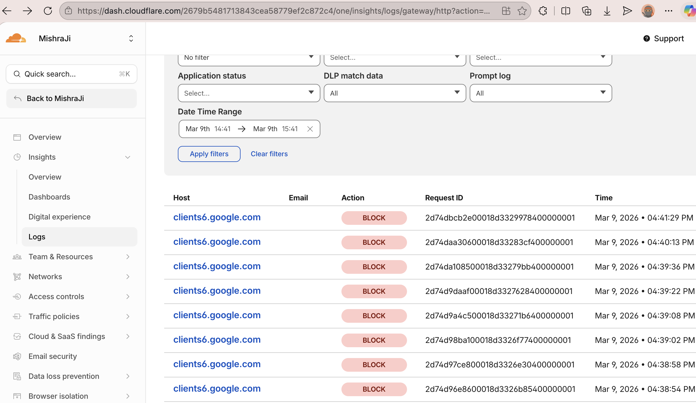 Cloudflare logs showing blocked traffic