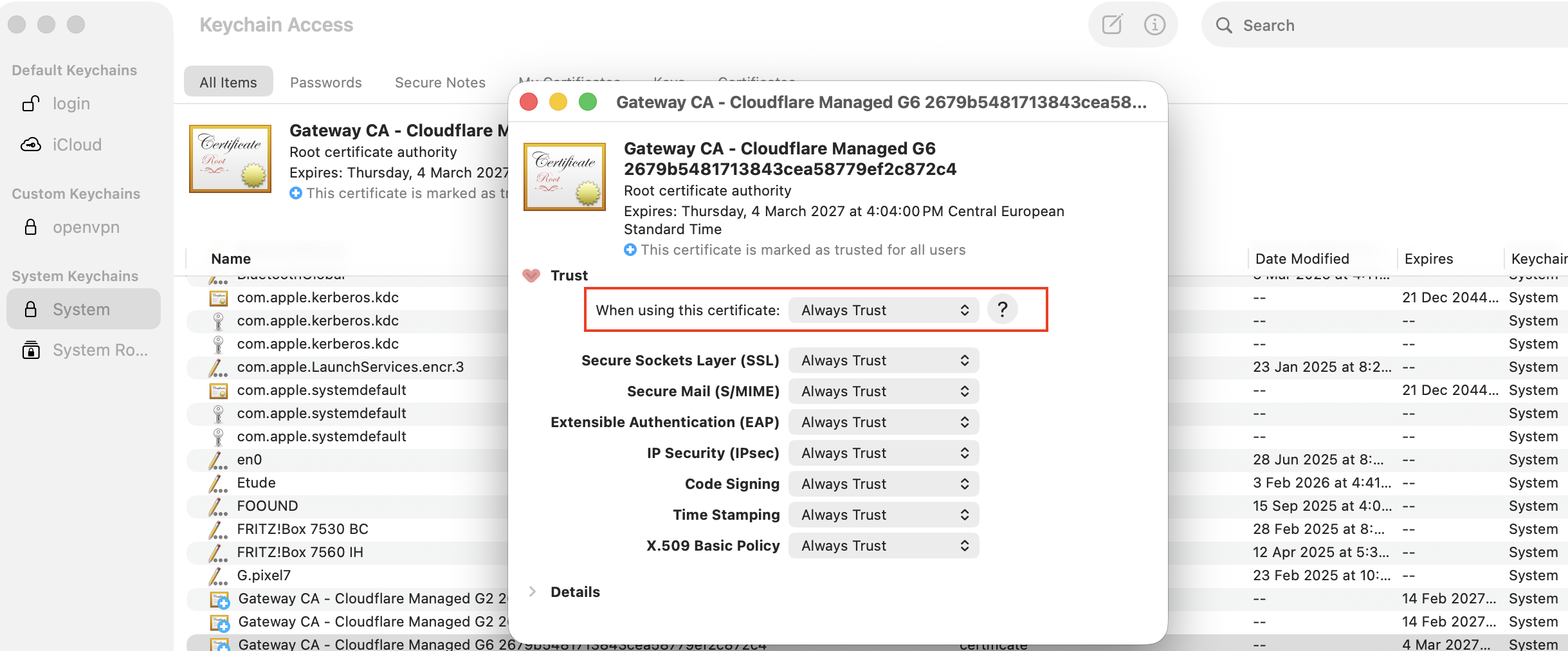 TLS inspection and certificate settings
