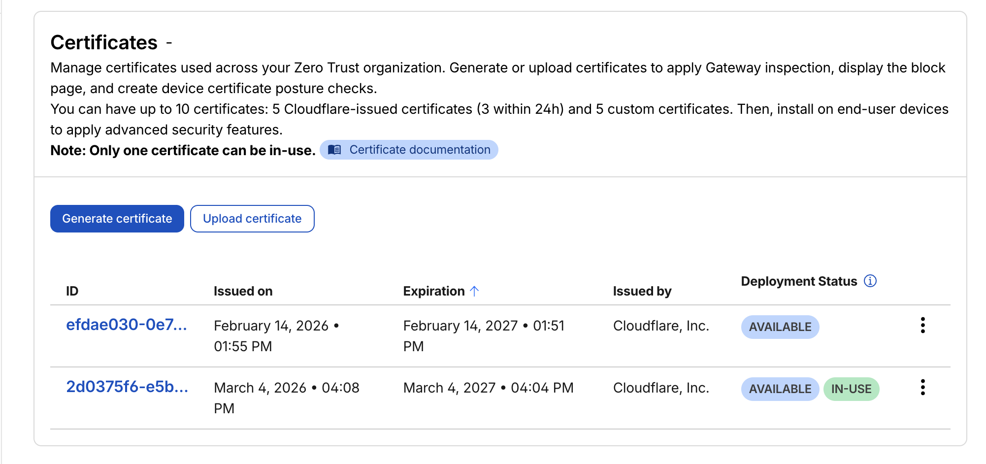 TLS inspection and certificate settings