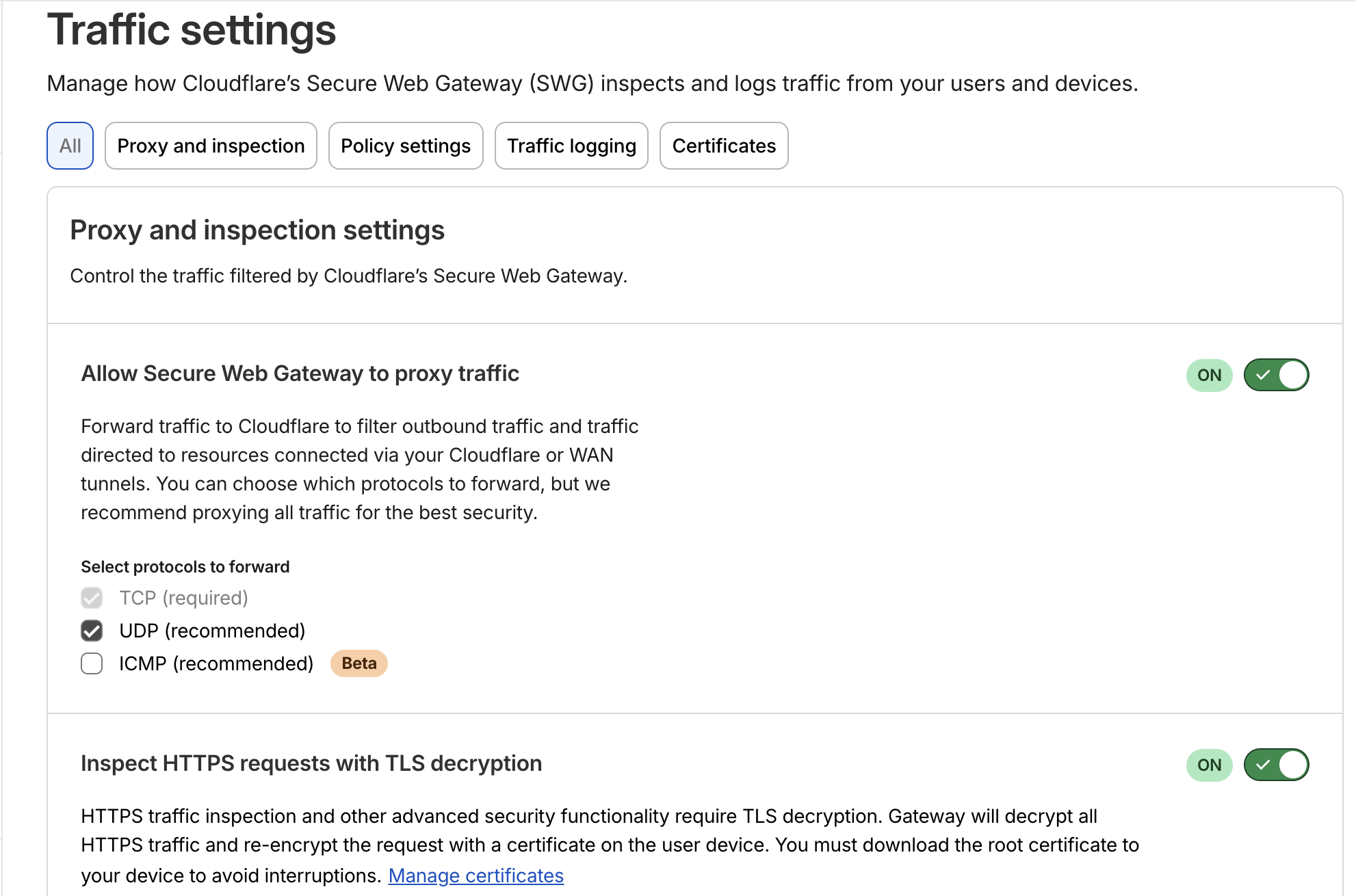 TLS inspection and certificate settings