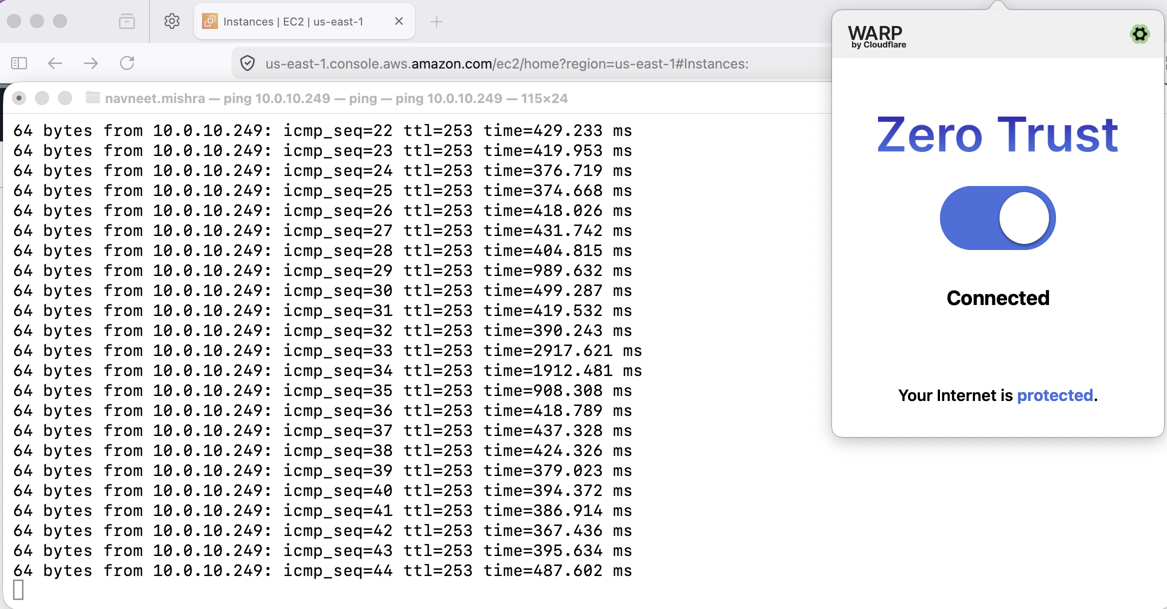 Ping successful to private IP of EC2 with Cloudflare client connected