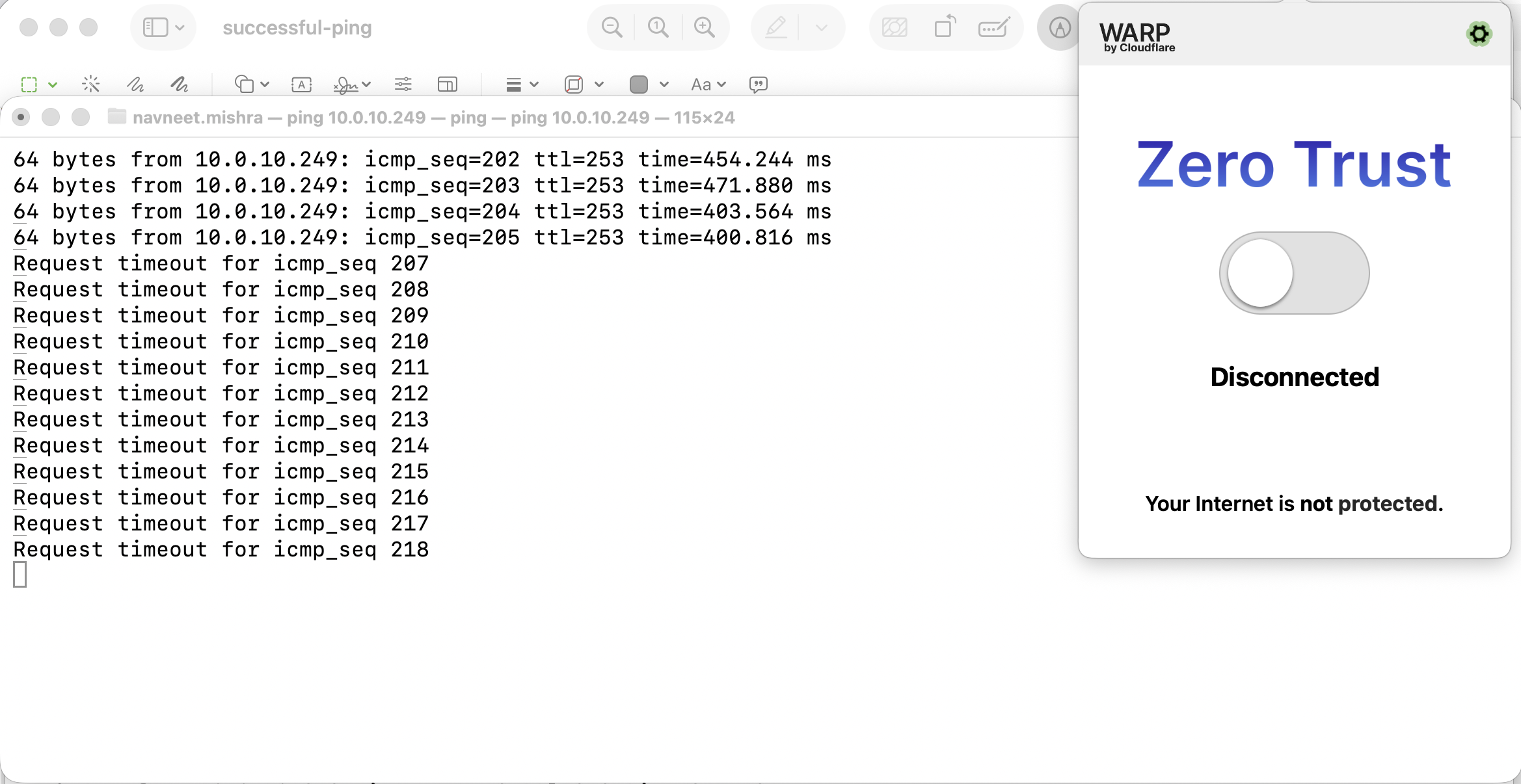 Ping unsuccessful to private IP of EC2 with Cloudflare client disconnected