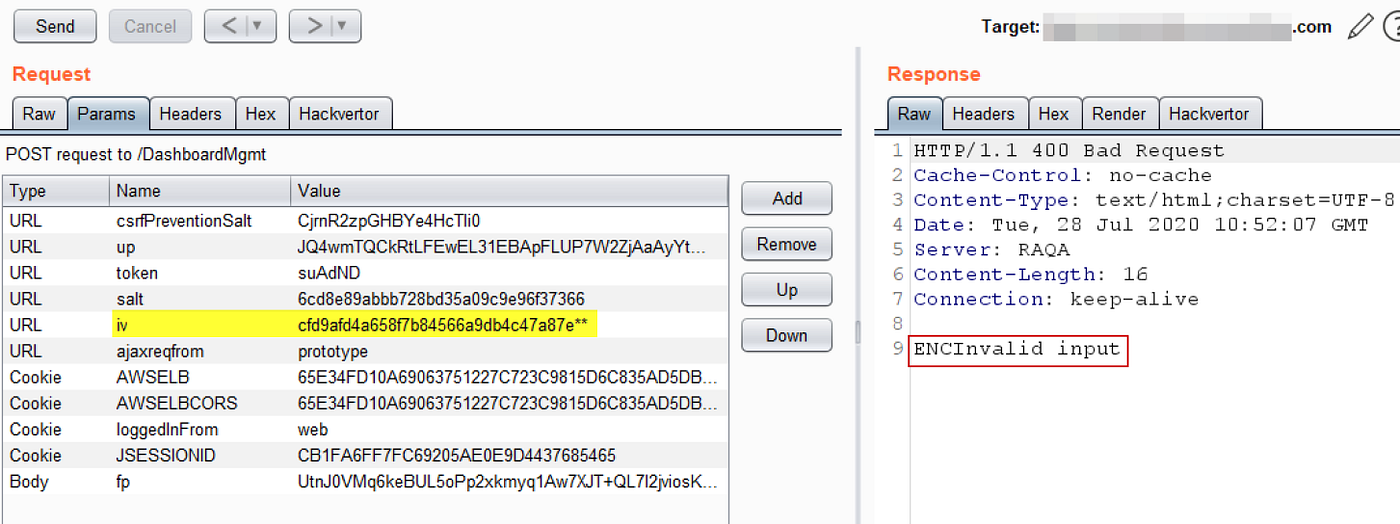 Figure 2: Tampered parameter and unsuccessful response.