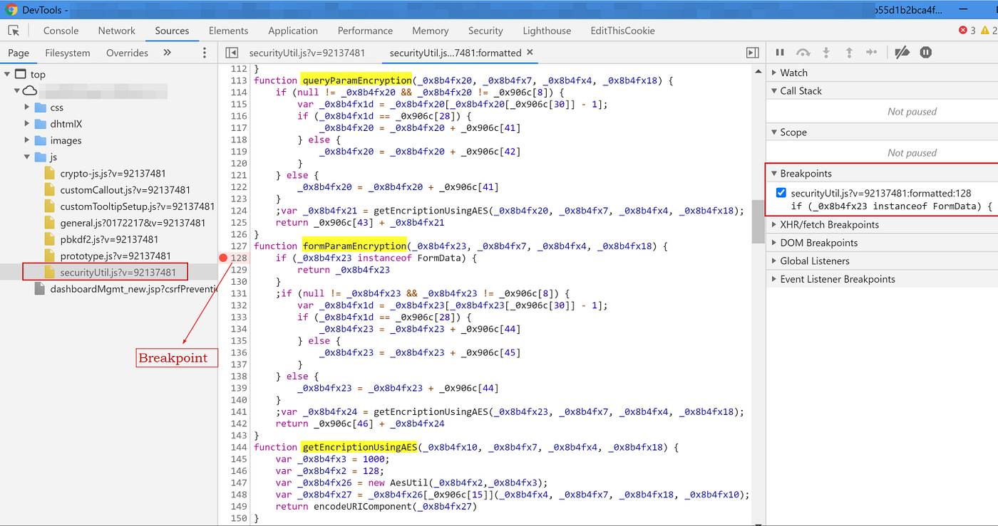 Figure 7: Breakpoint in formParamEncryption function.