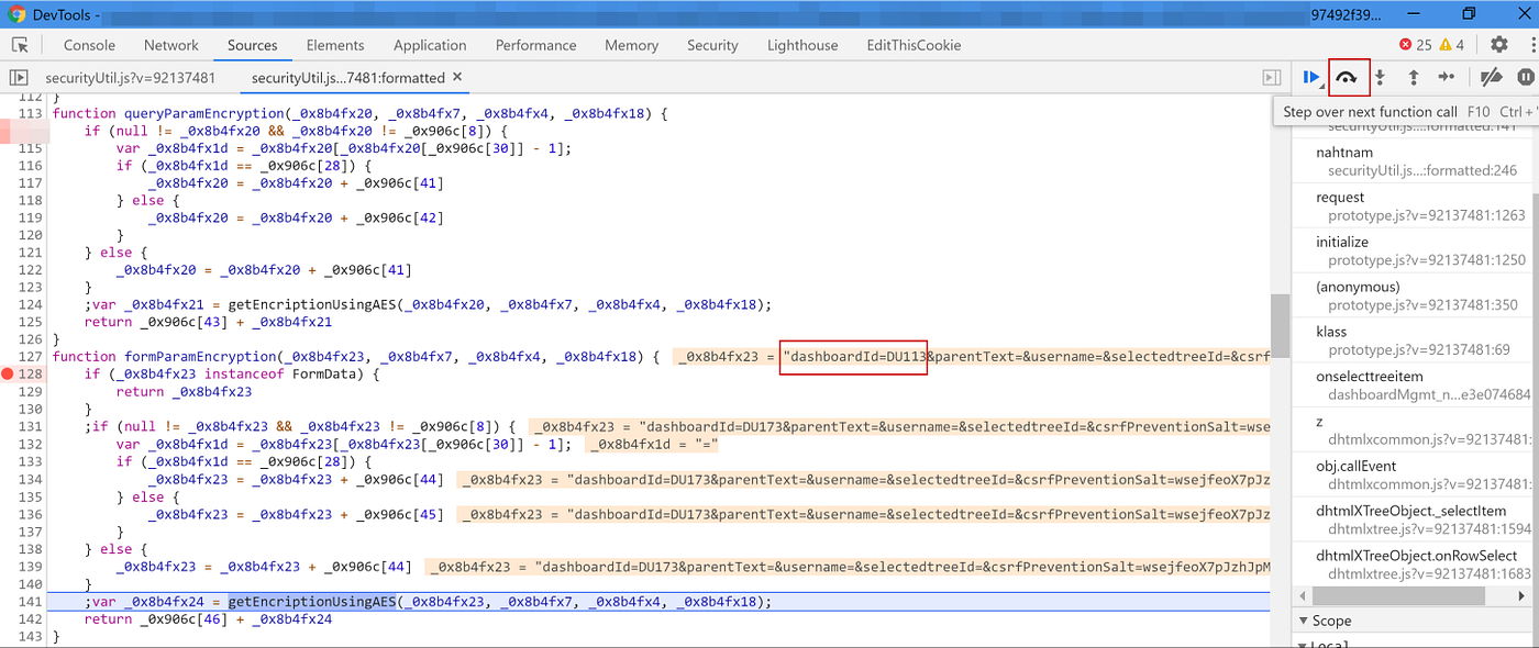 Figure 8: Arguments passed to formParamEncryption revealed through the breakpoint.