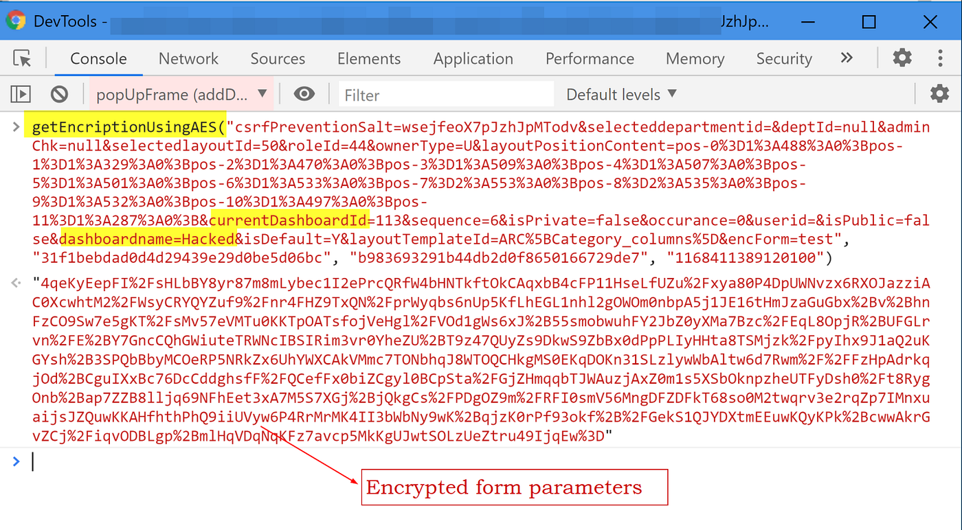 Figure 9: getEncriptionUsingAES called directly from the console to get encrypted form params after modifying the arguments.