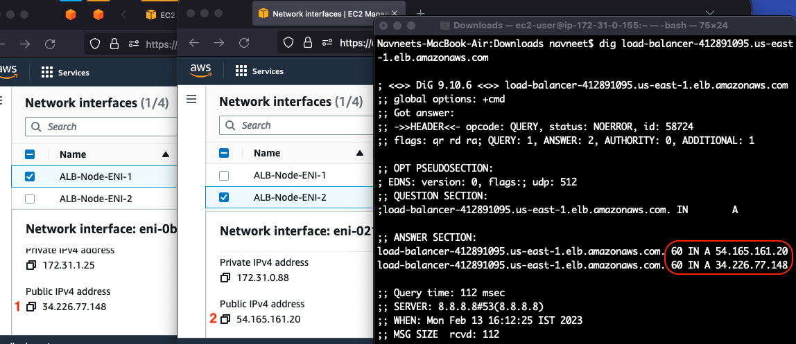 ‘Dig’ command to get the IP addresses of the ALB nodes (ENI)