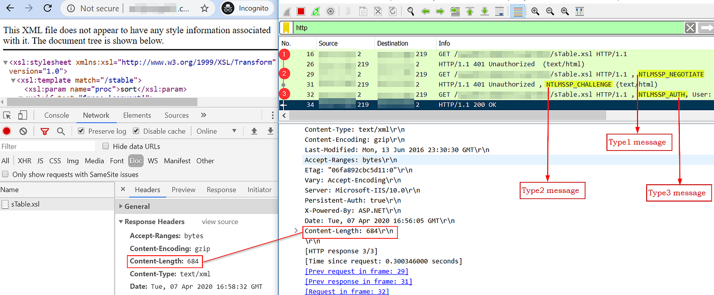 NTLM handshake captured in Wireshark.